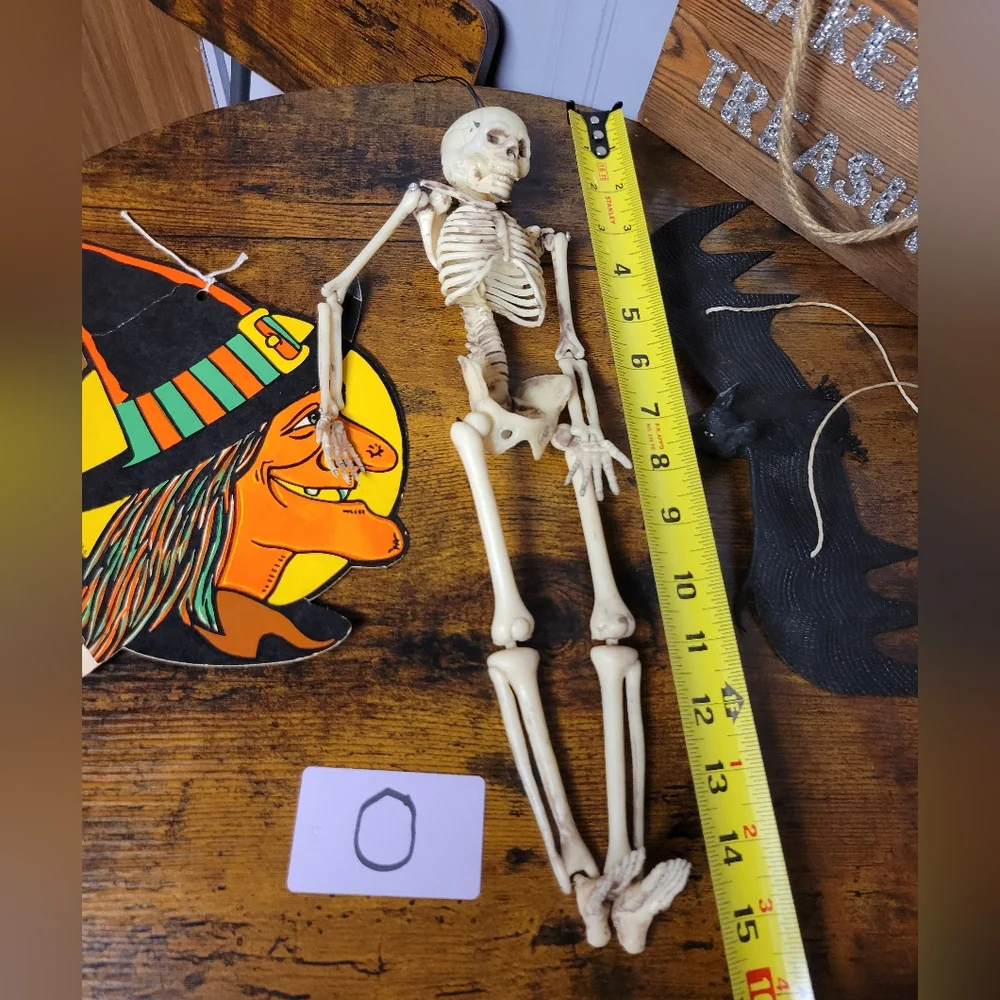 Vintage lot of 3 Halloween decorations Skeleton, Witch, rubber bat